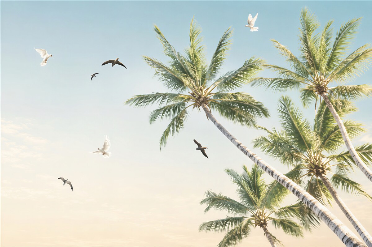 Papier peint plage tropicale avec palmiers et mer calme au lever du soleil