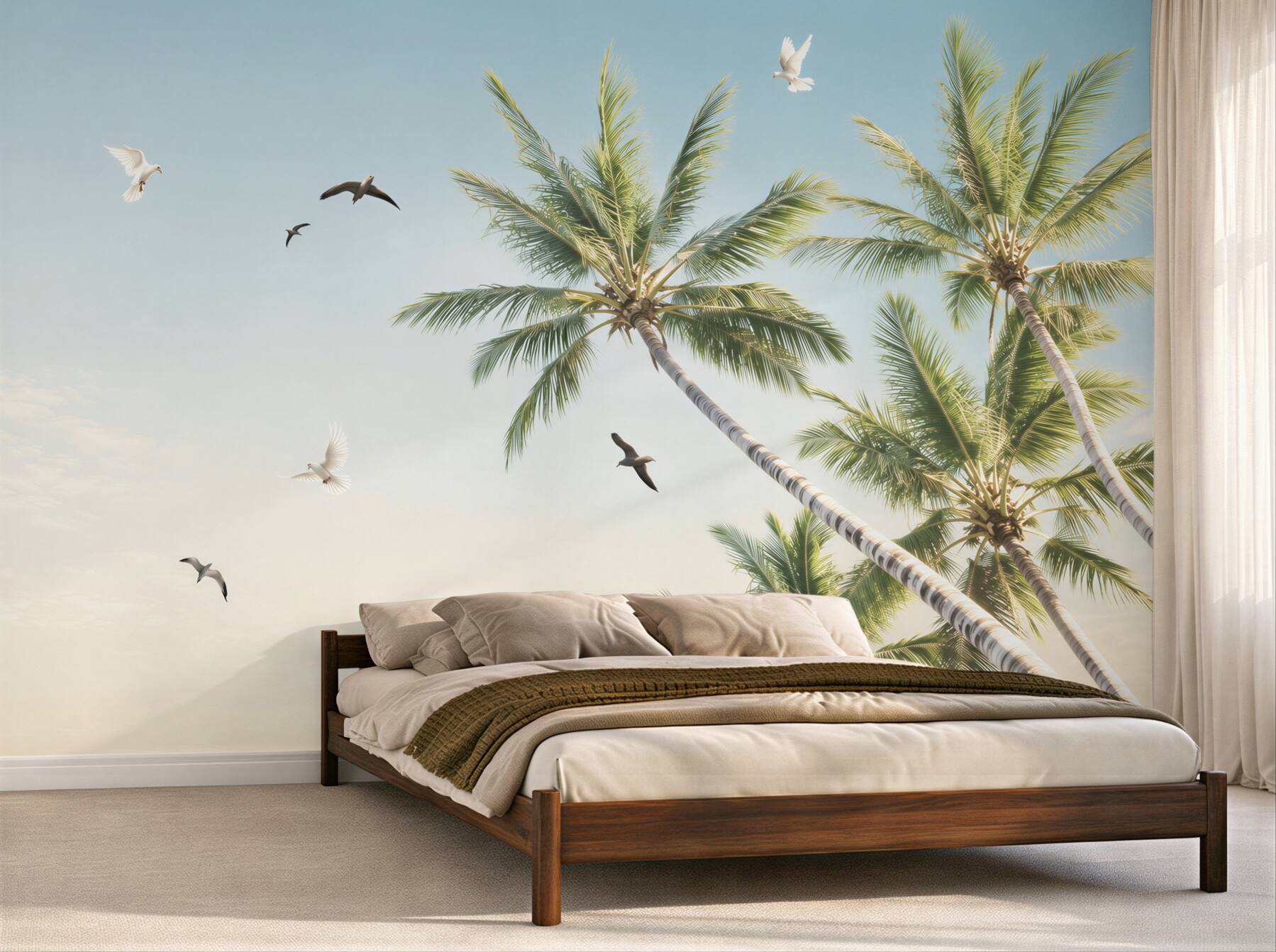 Papier peint plage tropicale avec palmiers et mer calme au lever du soleil