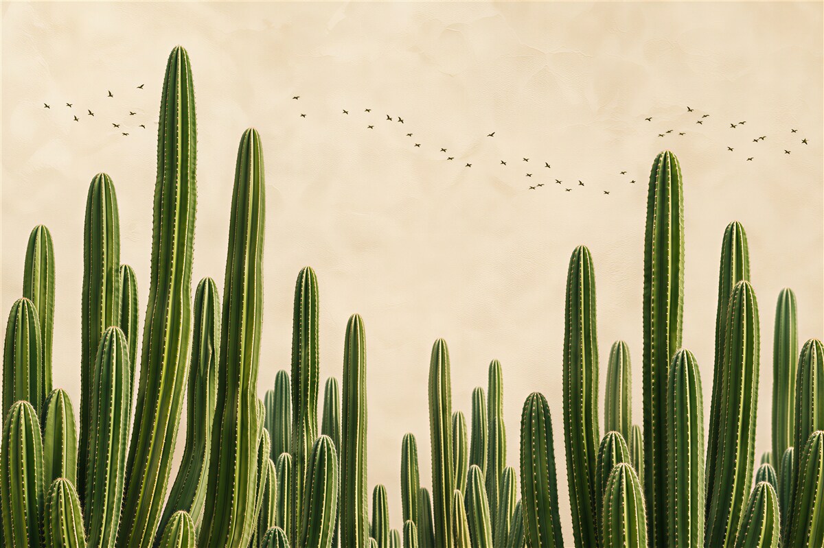 Papier peint cactus désertique en beiges clairs pour un intérieur moderne