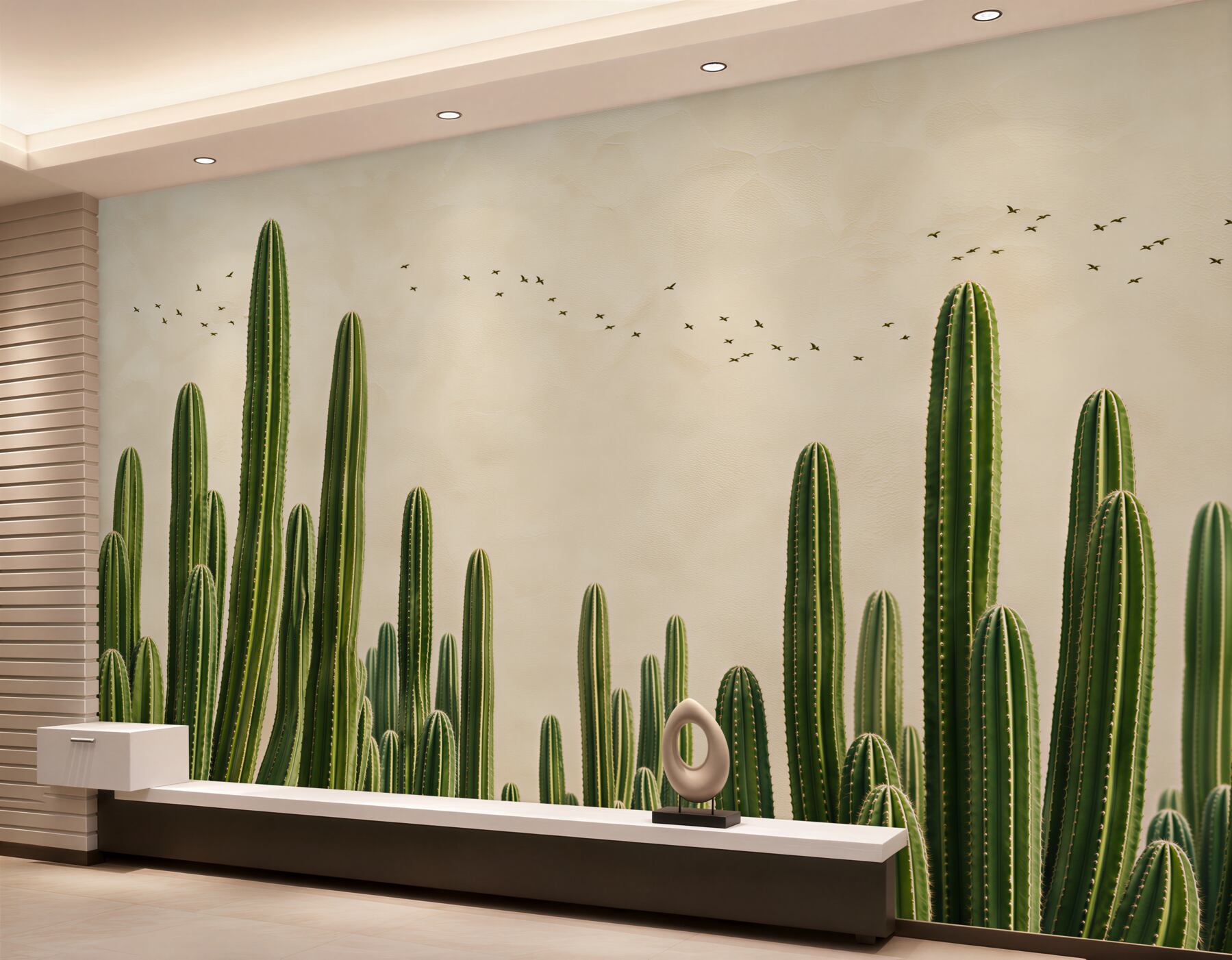 Papier peint cactus désertique en beiges clairs pour un intérieur moderne