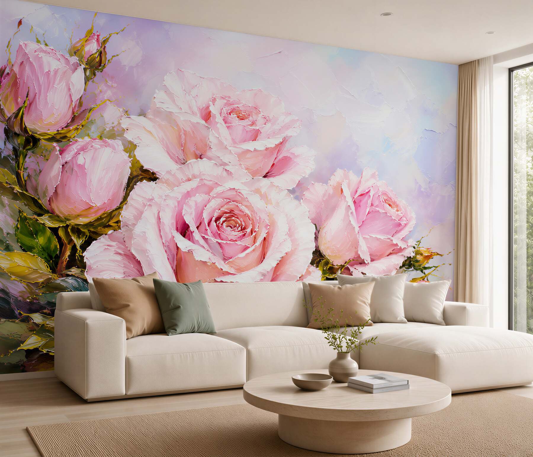 Papier peint roses pastel rose poudré sur fond clair romantique