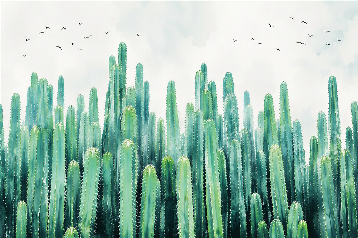 Papier peint cactus désertique vert dans une brume beige pour un intérieur moderne