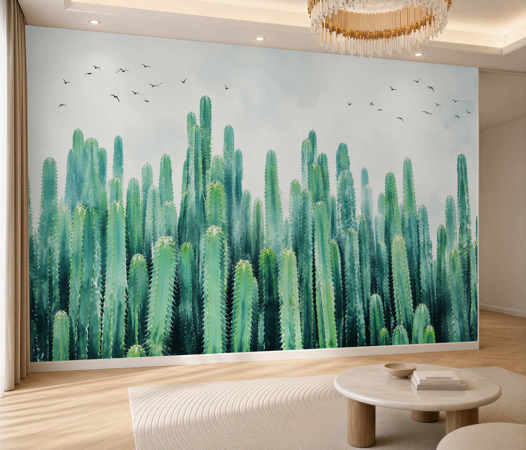 Papier peint cactus désertique vert dans une brume beige pour un intérieur moderne