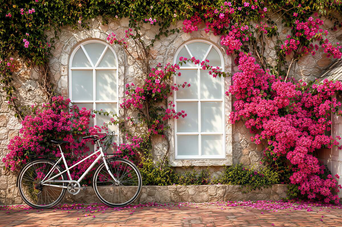 Papier peint vélo devant un mur fleuri avec fenêtres dans un style romantique