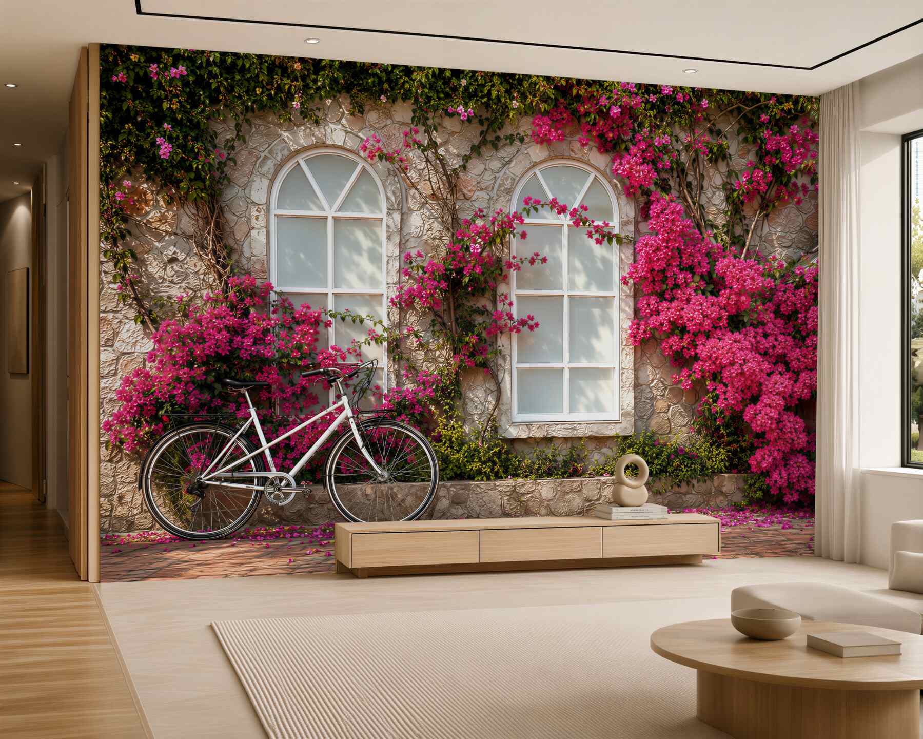 Papier peint vélo devant un mur fleuri avec fenêtres dans un style romantique