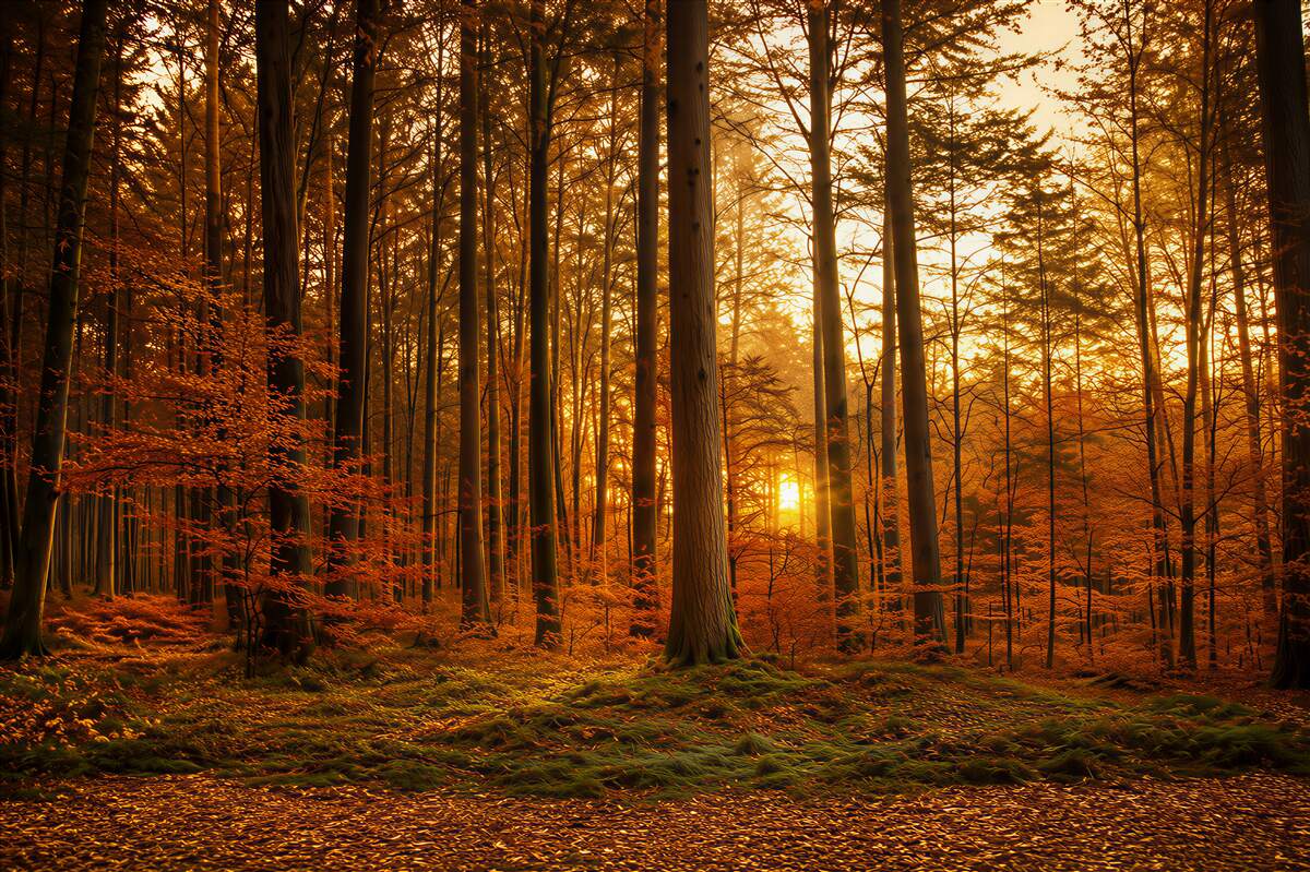 Papier peint forêt d'automne avec éclat doré décoration chaleureuse pour le salon