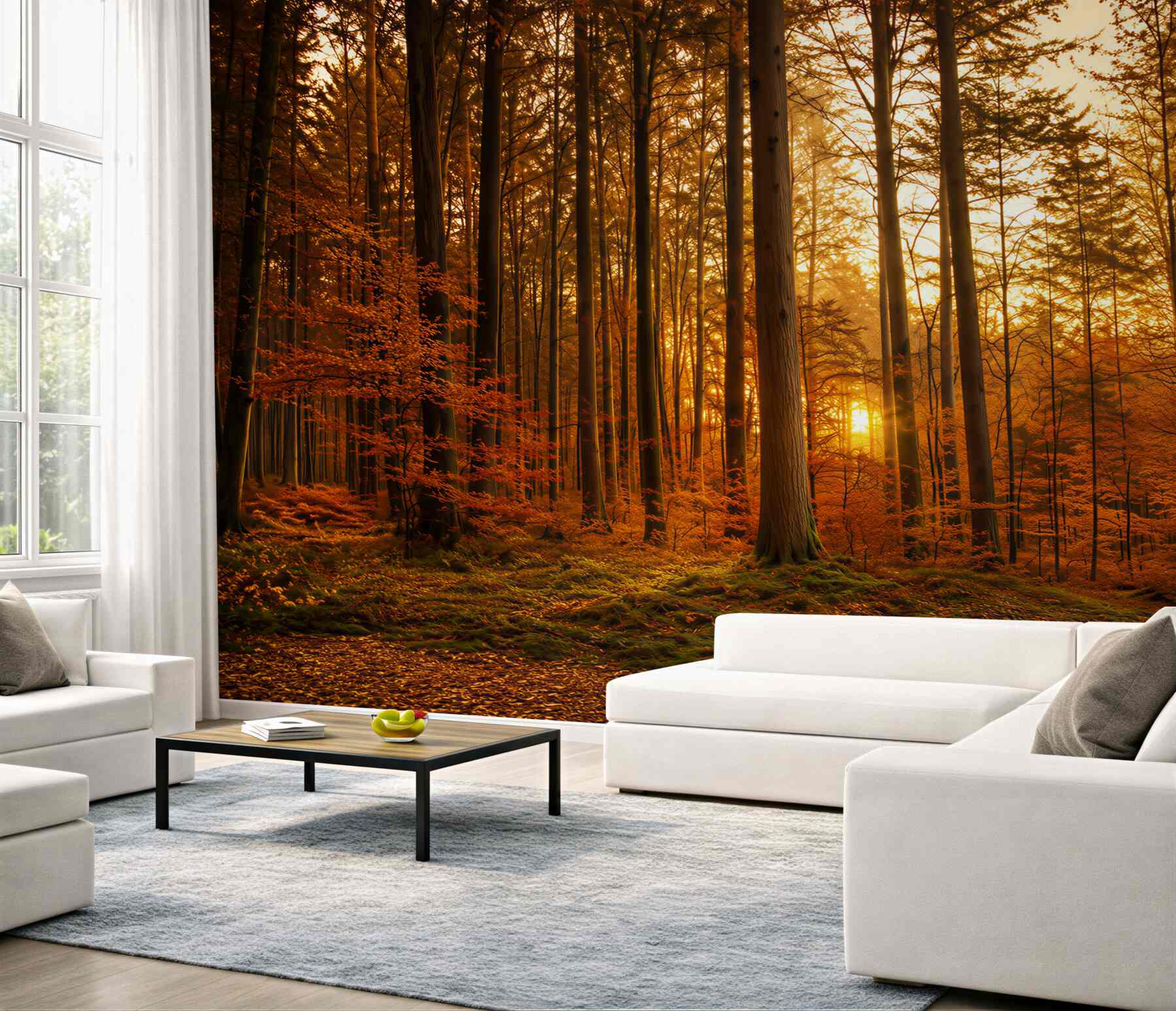 Papier peint forêt d'automne avec éclat doré décoration chaleureuse pour le salon
