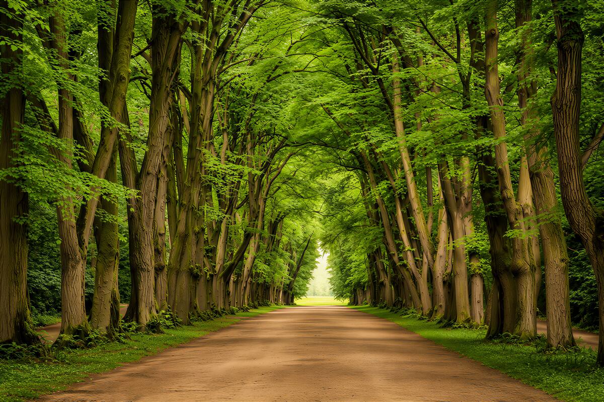 Papier peint allée forestière dans le vert baignée de lumière matinale