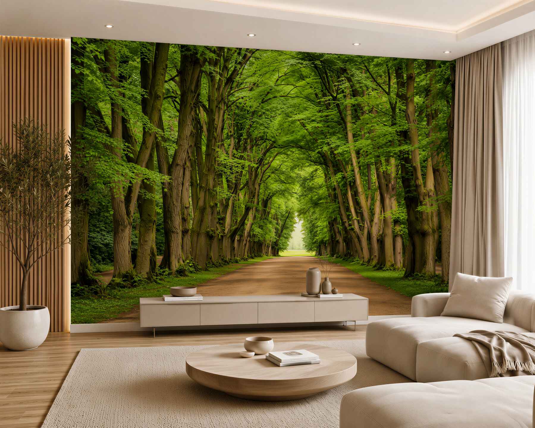 Papier peint allée forestière dans le vert baignée de lumière matinale