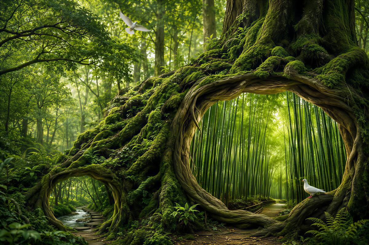 Papier peint forêt féerique avec cascade et arbre porte en tons verts