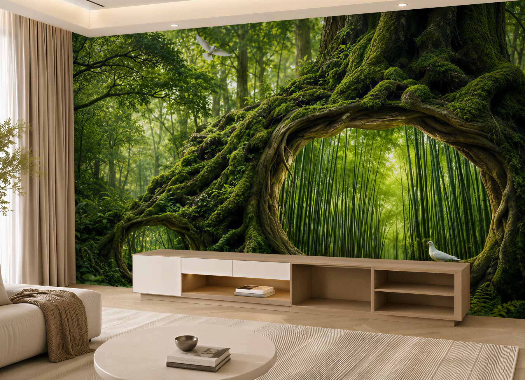 Papier peint forêt féerique avec cascade et arbre porte en tons verts