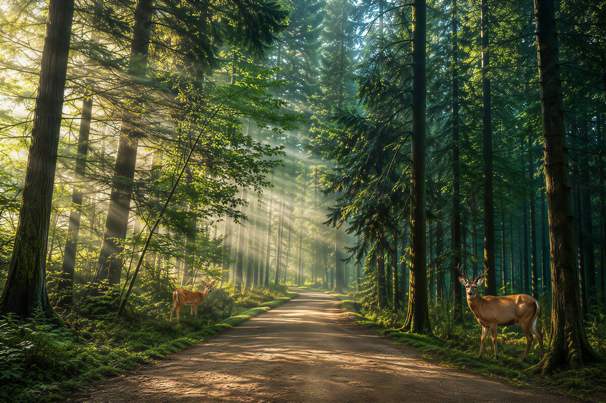Papier peint chemin forestier avec cerfs sous les rayons de soleil