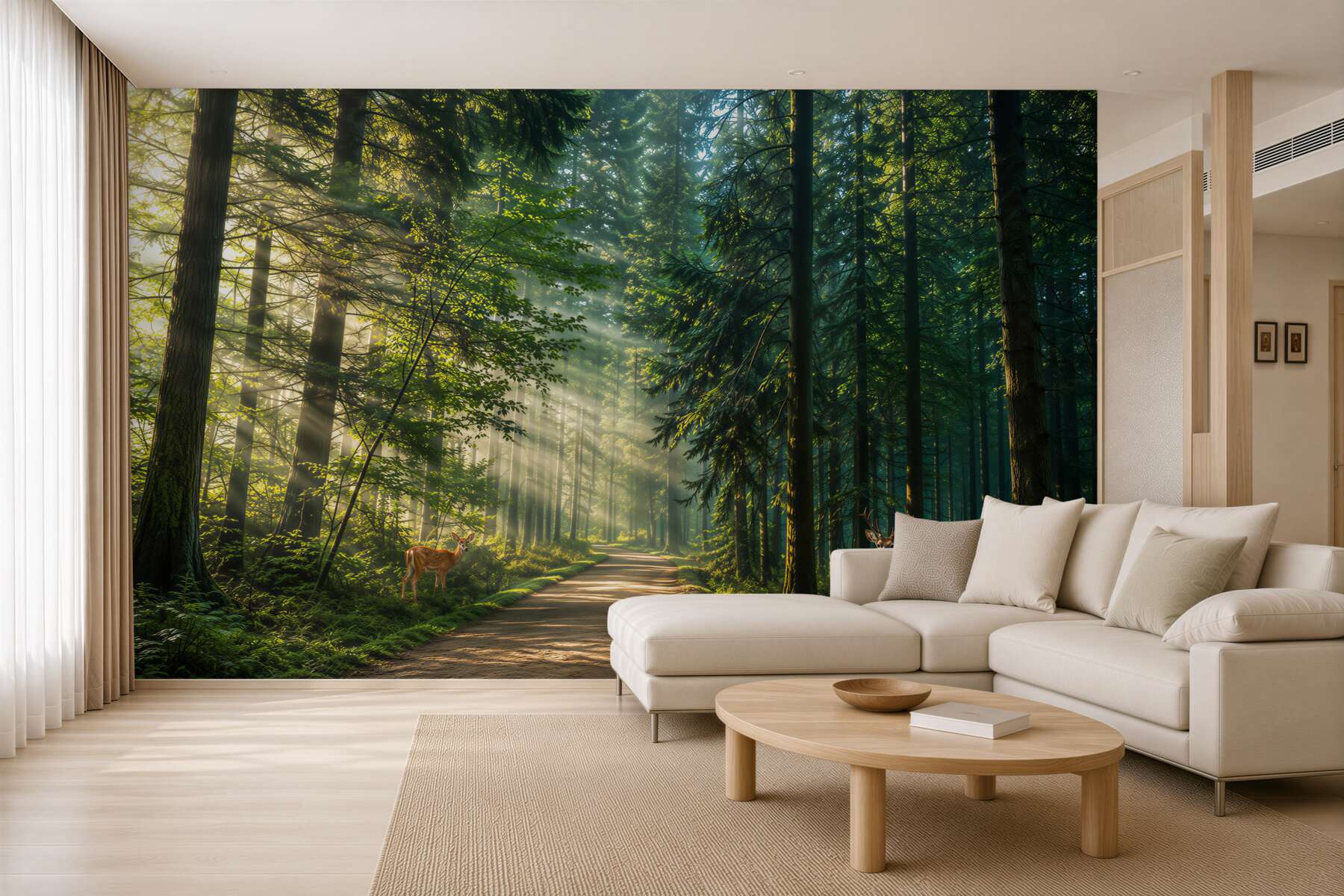 Papier peint chemin forestier avec cerfs sous les rayons de soleil