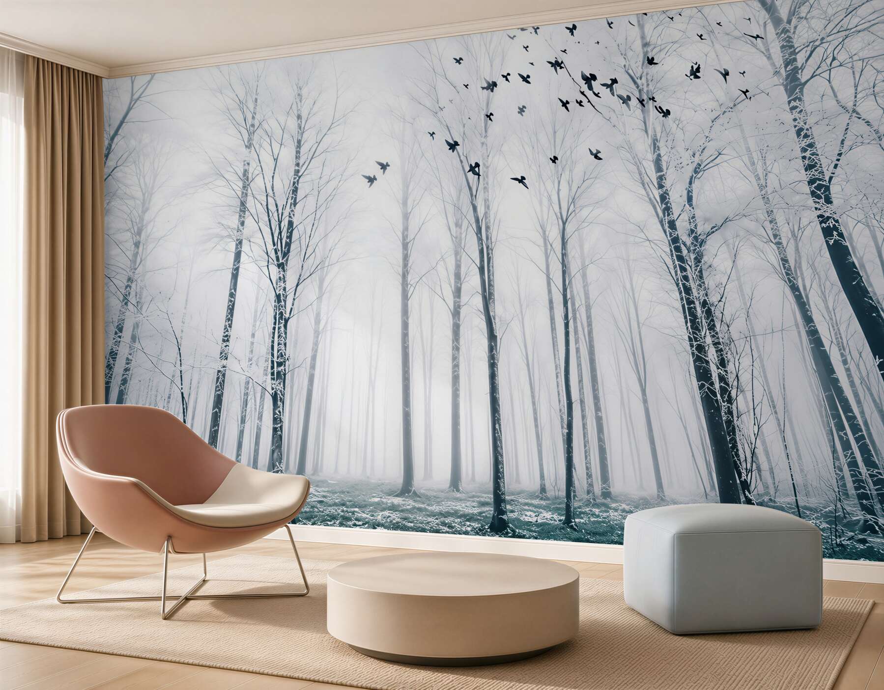 Papier peint forêt d'hiver dans le brouillard avec oiseaux en couleurs pastel