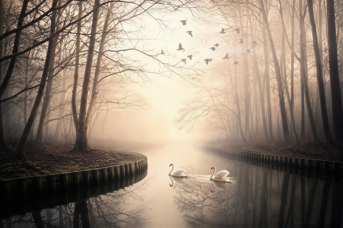Papier peint cygnes sur la rivière dans la brume avec des arbres en fleurs à l'aube