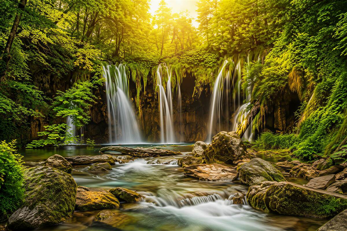 Papier peint cascade dans la forêt verte avec eau turquoise et rayons de soleil