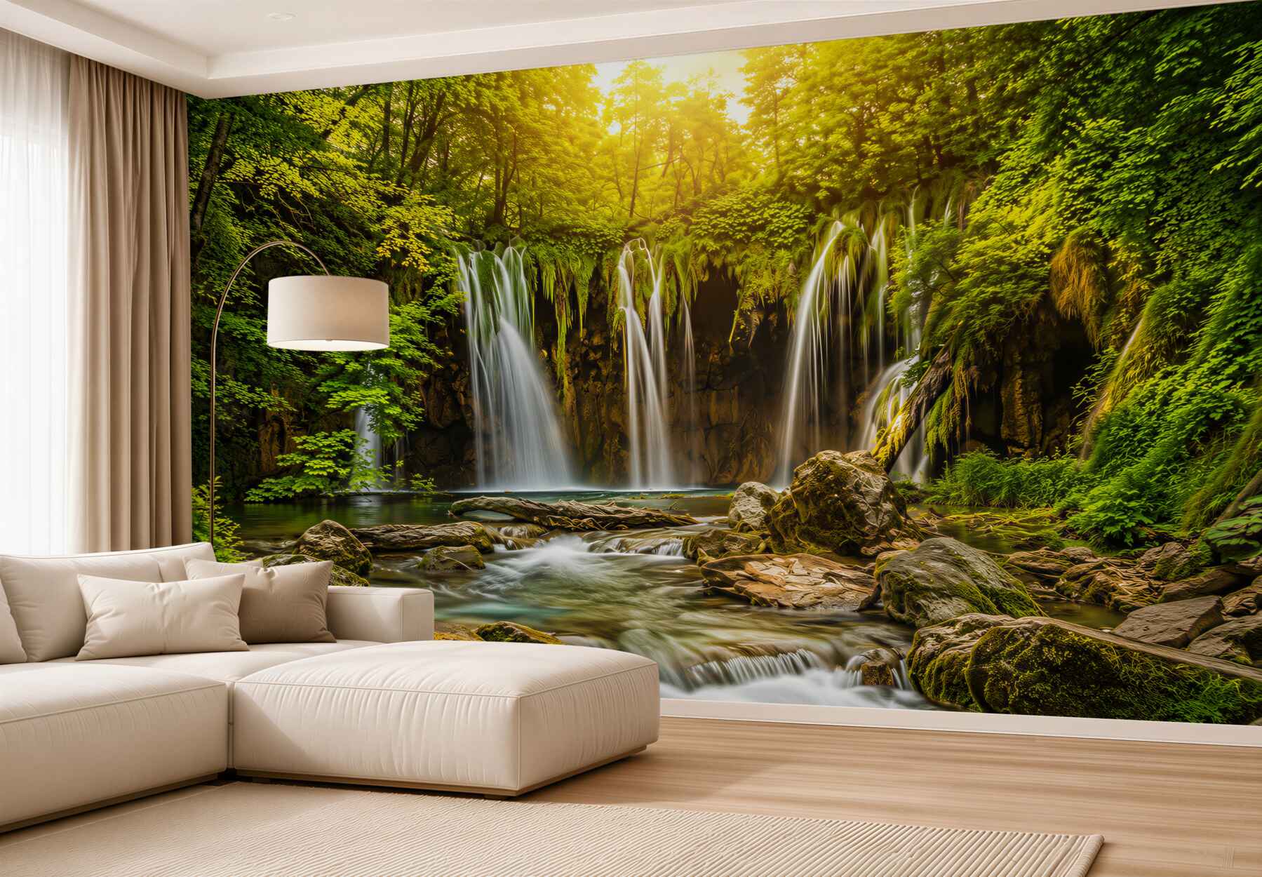 Papier peint cascade dans la forêt verte avec eau turquoise et rayons de soleil