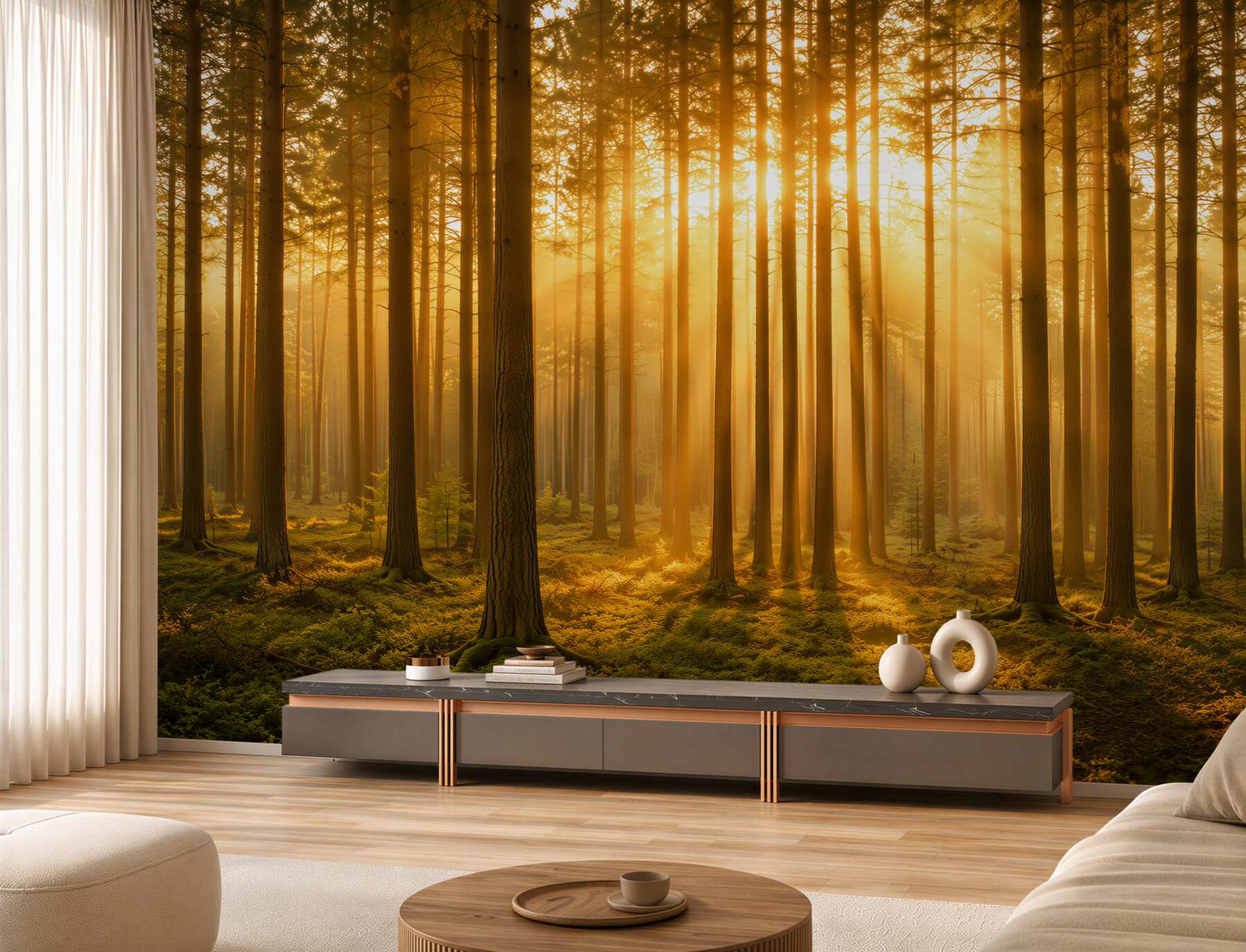 Papier peint forêt de pins dans la brume avec lumière dorée nature paisible