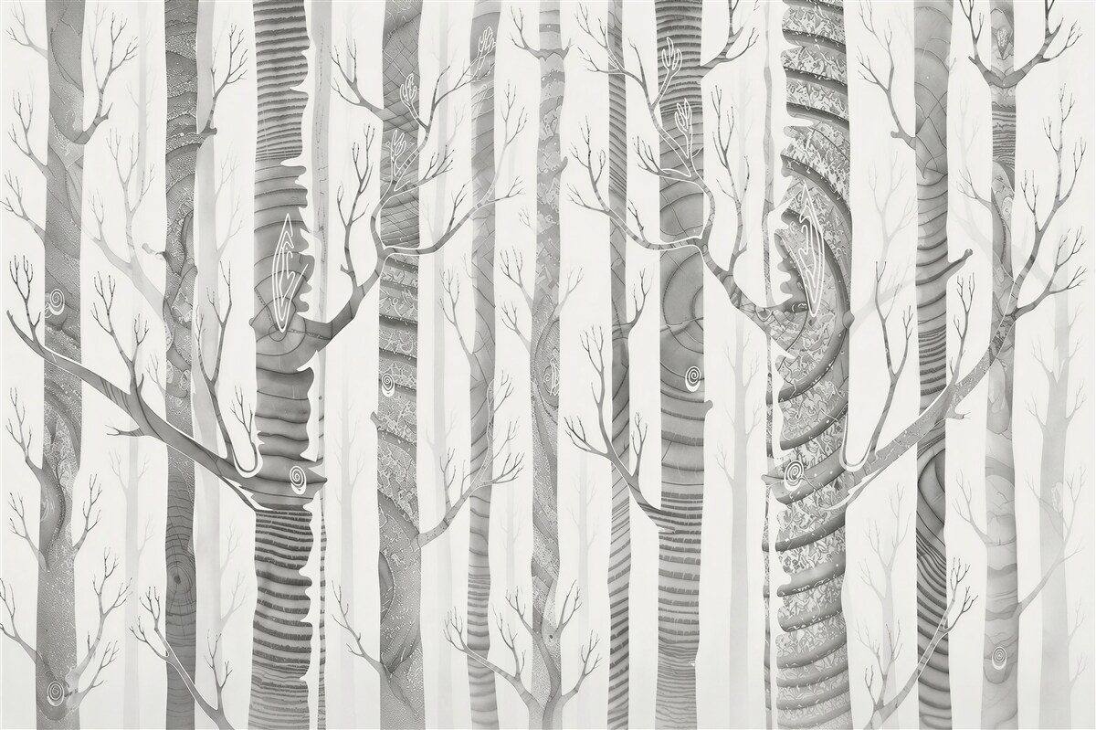 Papier peint forêt mystique dans la brume avec des troncs d'arbres décoratifs beige