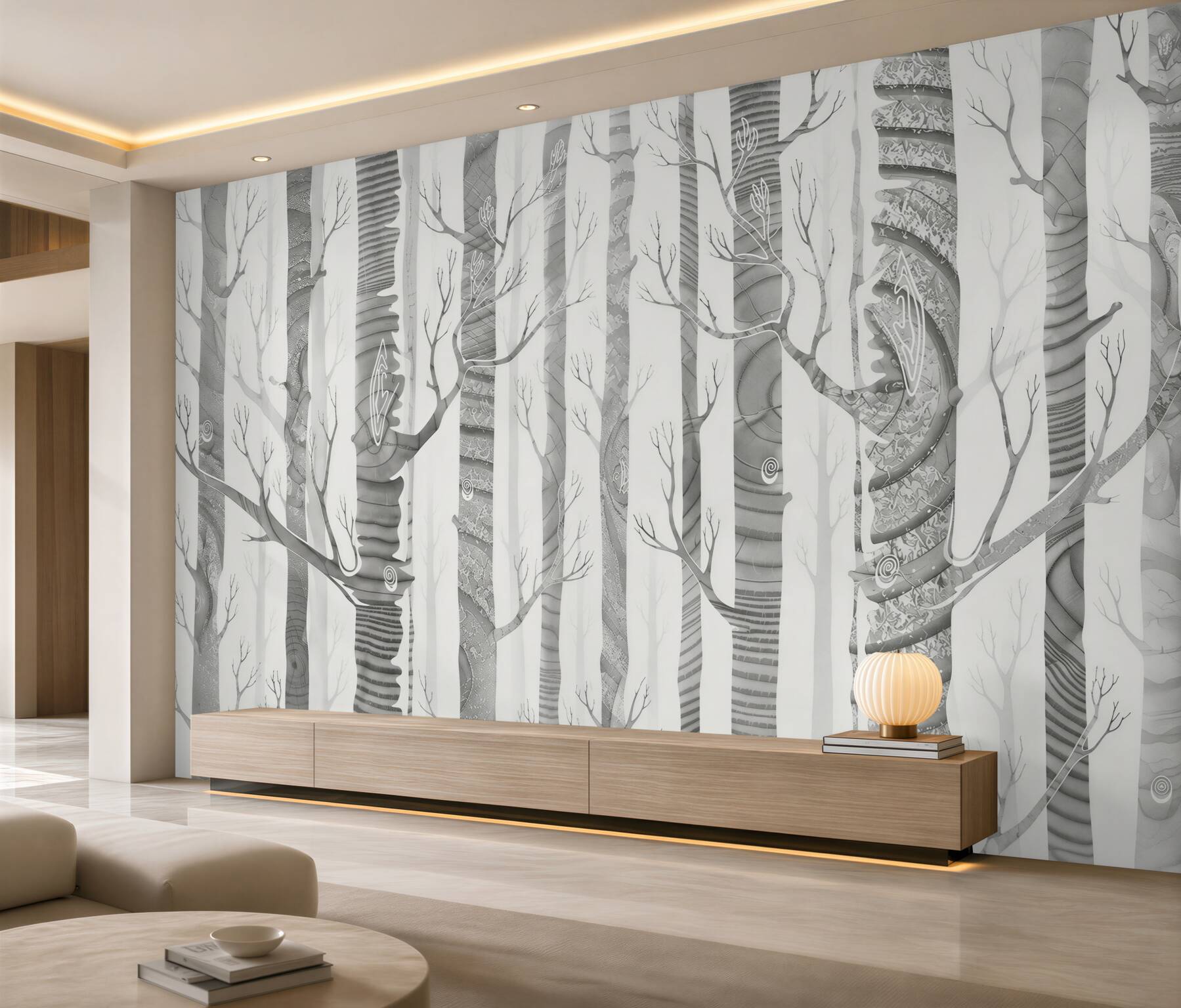 Papier peint forêt mystique dans la brume avec des troncs d'arbres décoratifs beige