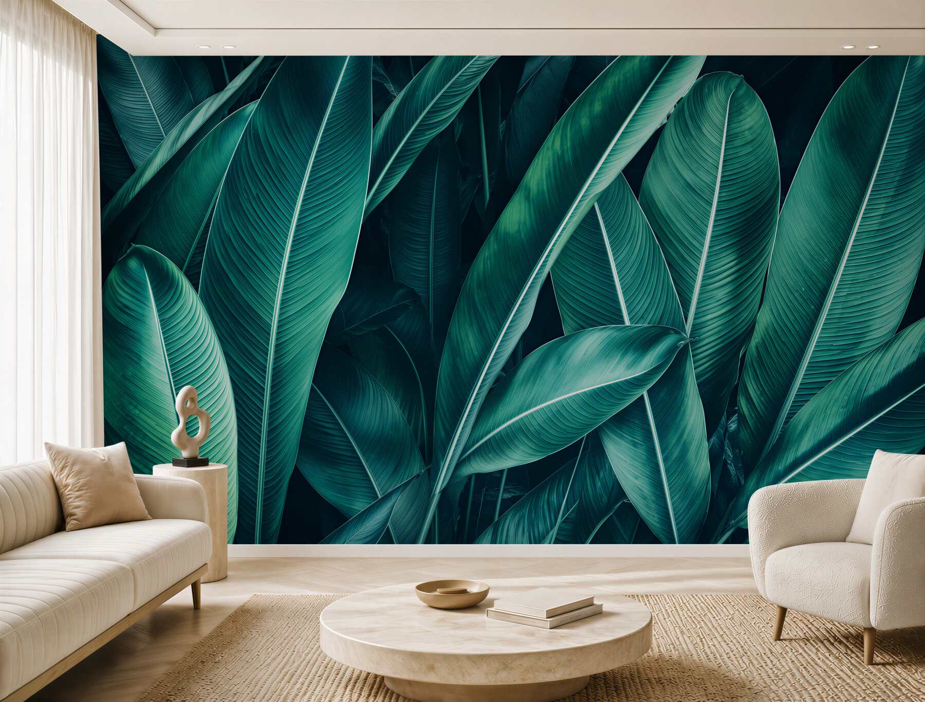 Papier peint feuilles tropicales vertes sur fond clair pour un intérieur moderne