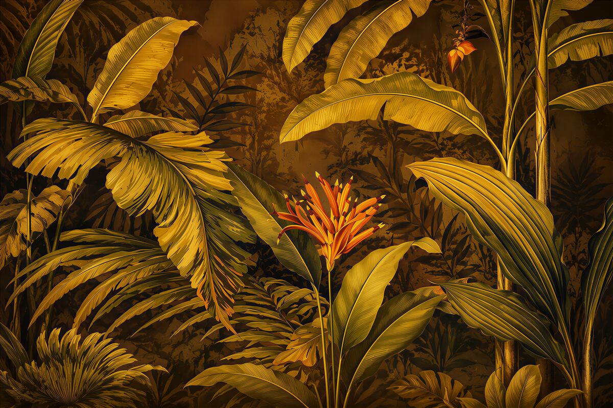 Papier peint feuilles tropicales et fleurs exotiques avec des colibris dans une jungle beige
