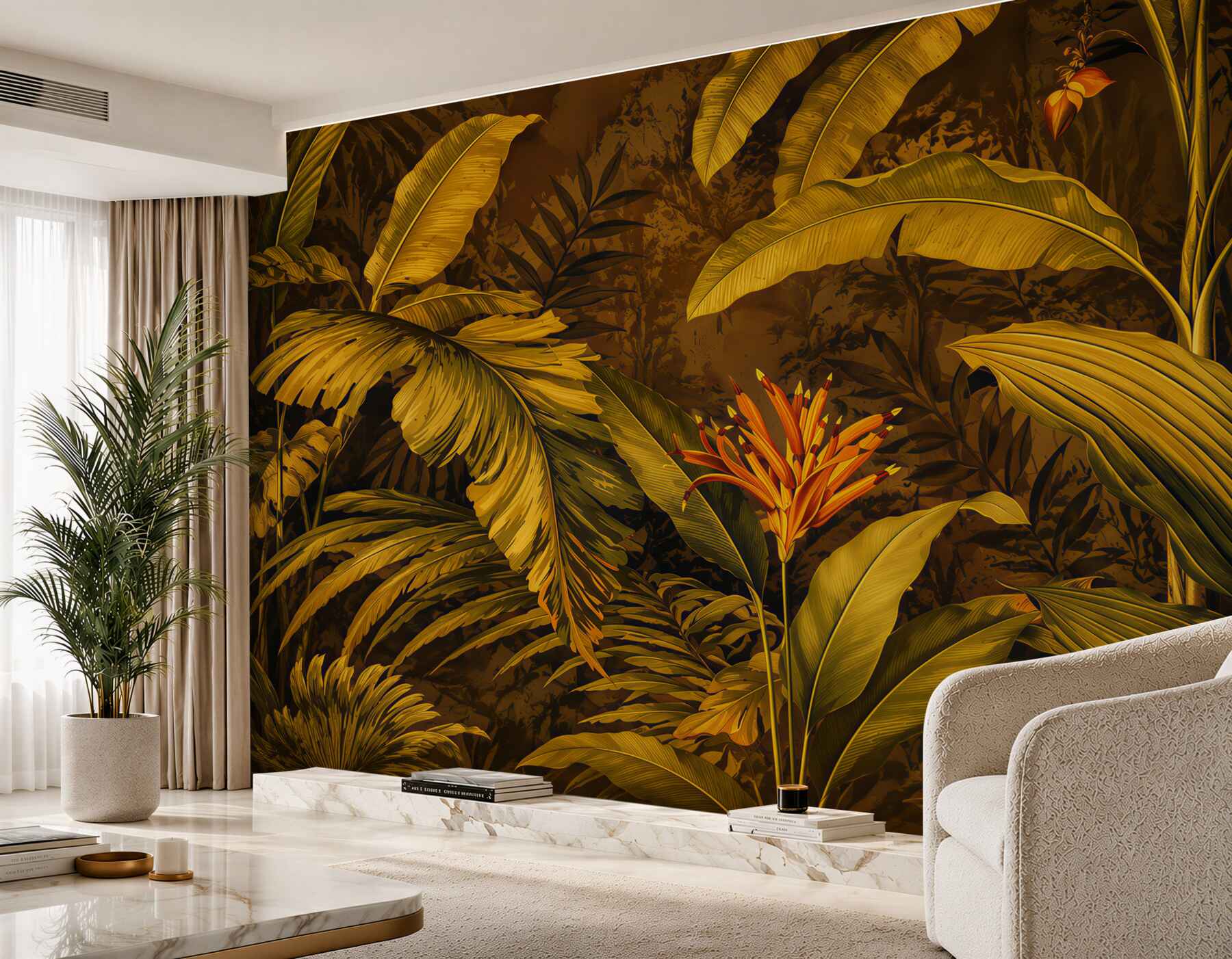 Papier peint feuilles tropicales et fleurs exotiques avec des colibris dans une jungle beige