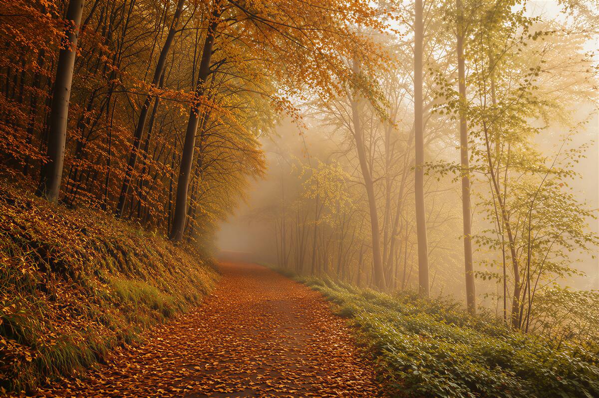 Papier peint forêt d'automne dans la brume avec des rayons de soleil