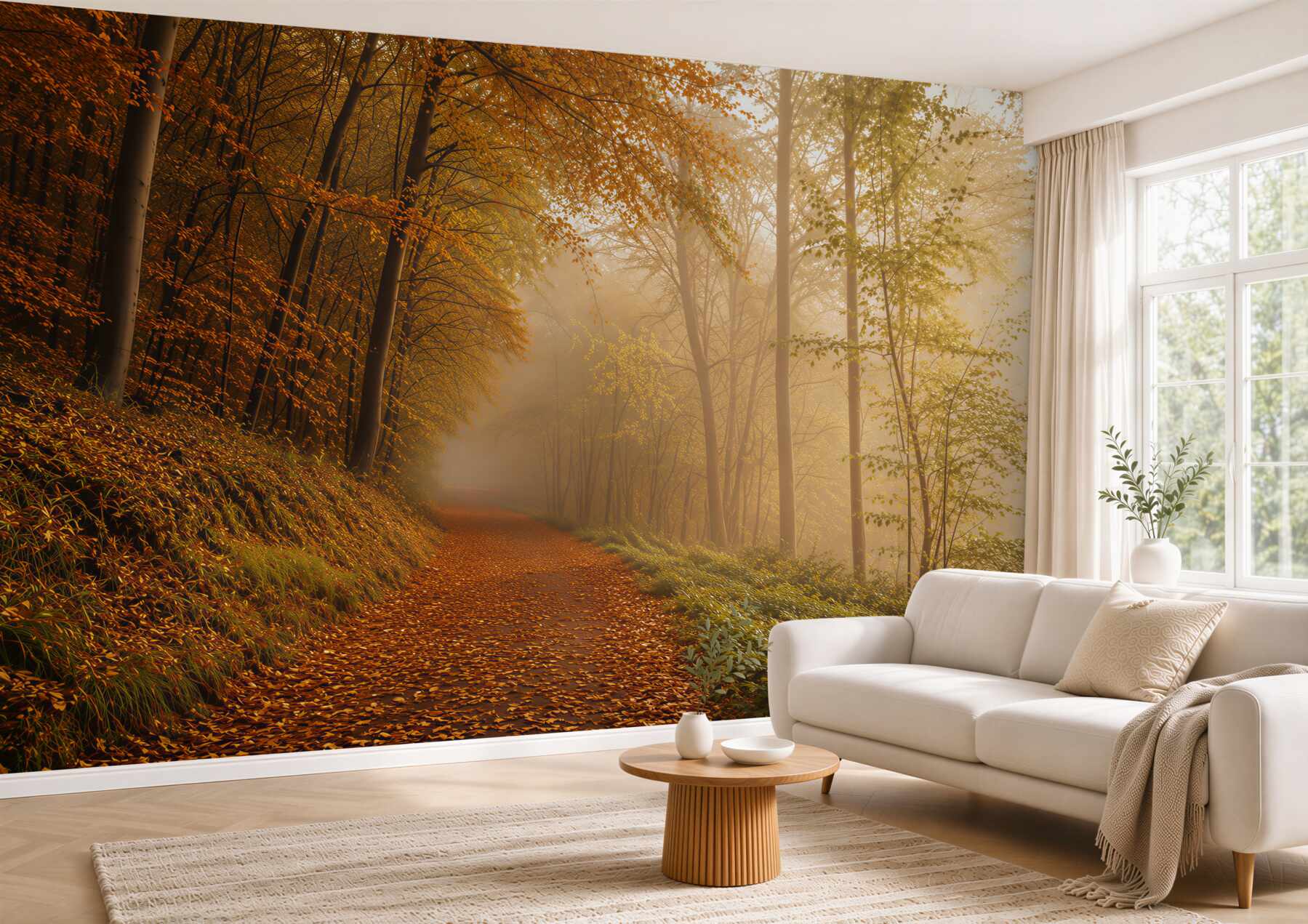 Papier peint forêt d'automne dans la brume avec des rayons de soleil
