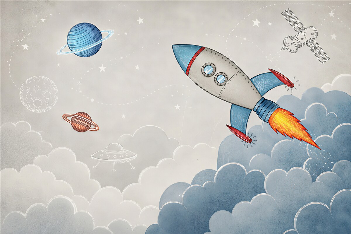 Papier peint fusées spatiales grises et bleues
