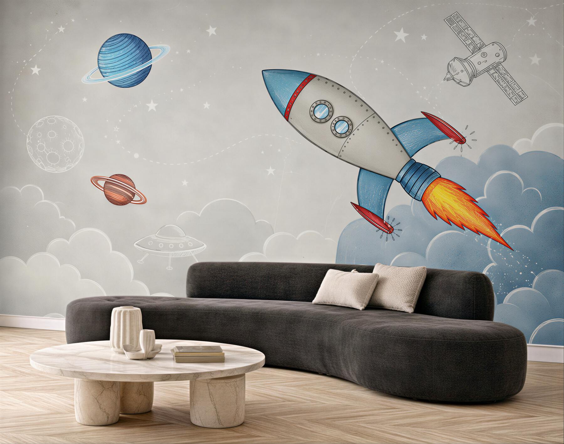 Papier peint fusées spatiales grises et bleues