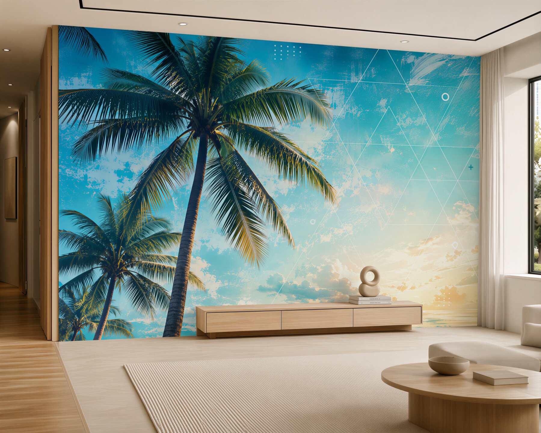 Papier peint plage paradisiaque avec des palmiers et la mer dans une lumière dorée