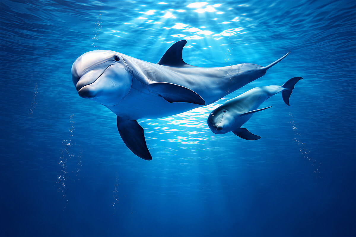 Papier peint dauphins sous l'eau dans un océan bleu paisible