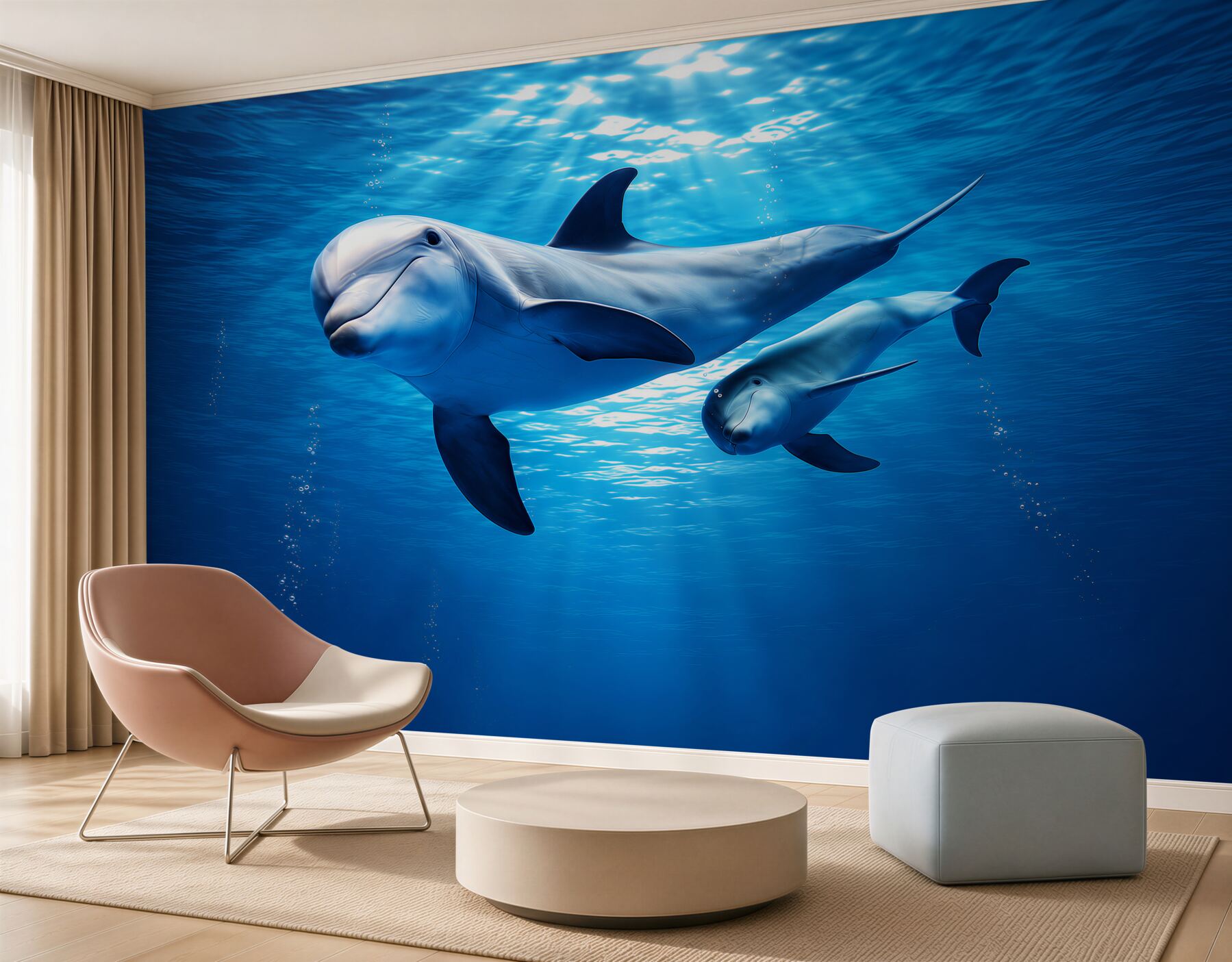 Papier peint dauphins sous l'eau dans un océan bleu paisible