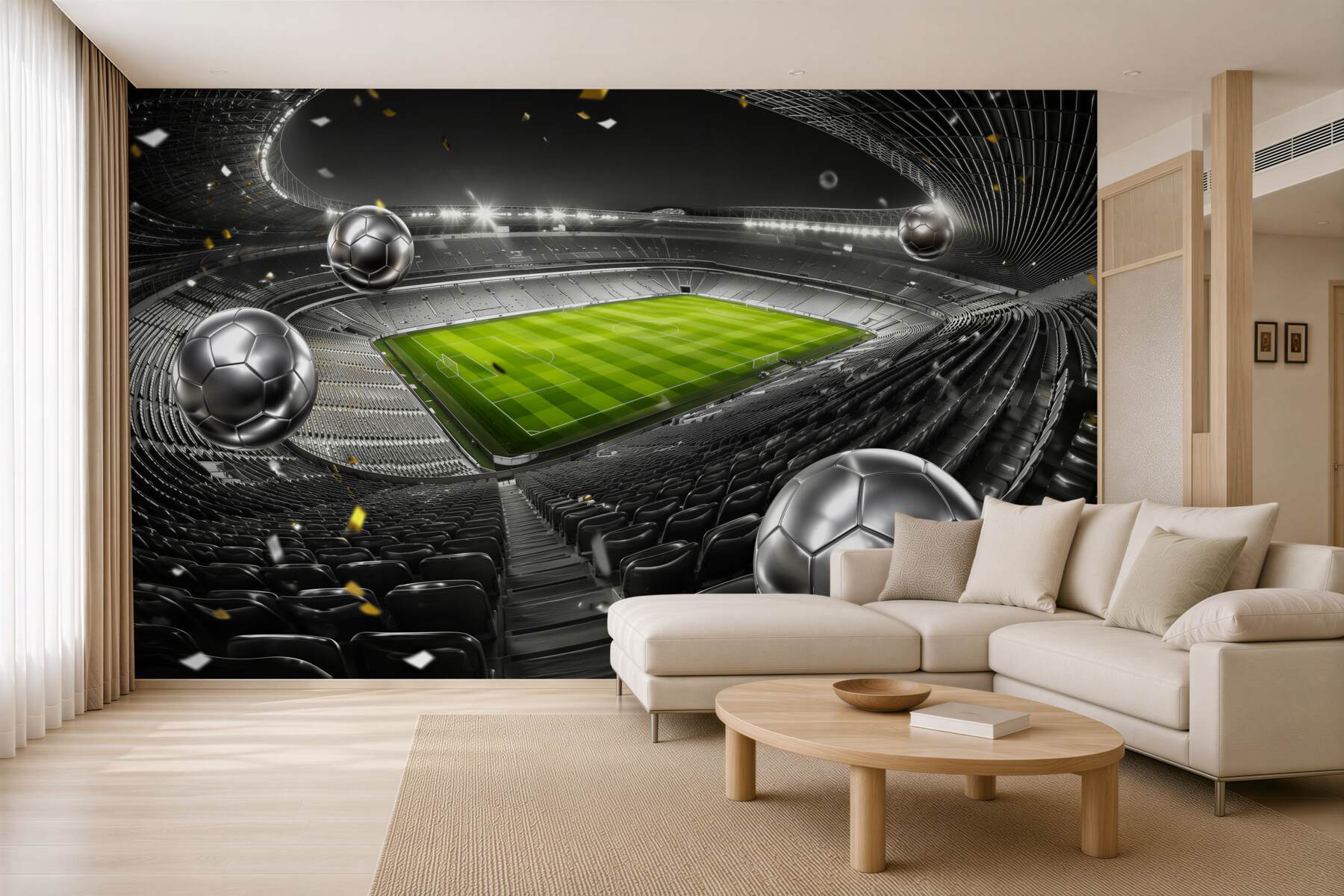 Papier peint ballons de football au stade lumineux moderne pour la chambre d'un garçon