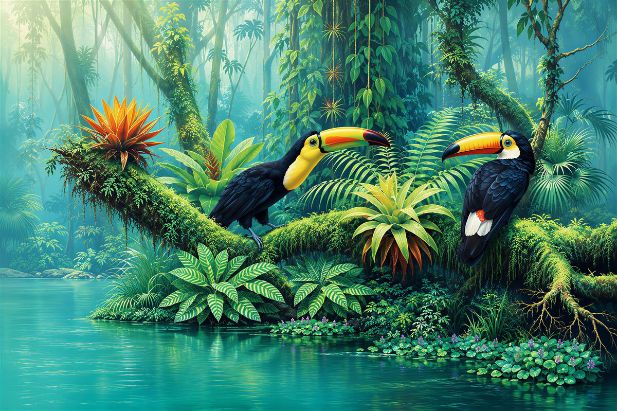 Papier peint toucans dans la jungle tropicale au-dessus de la rivière