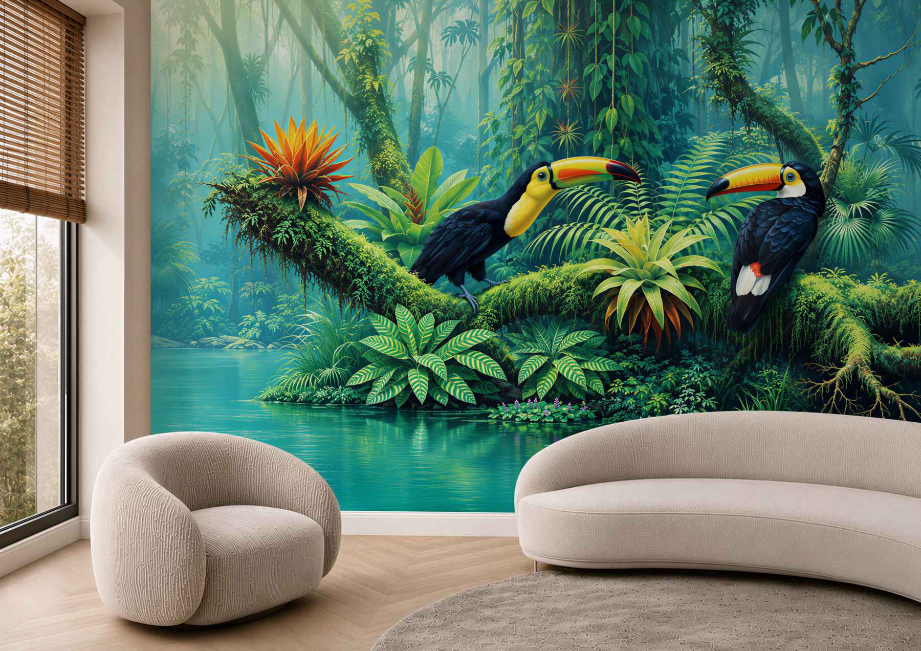 Papier peint toucans dans la jungle tropicale au-dessus de la rivière