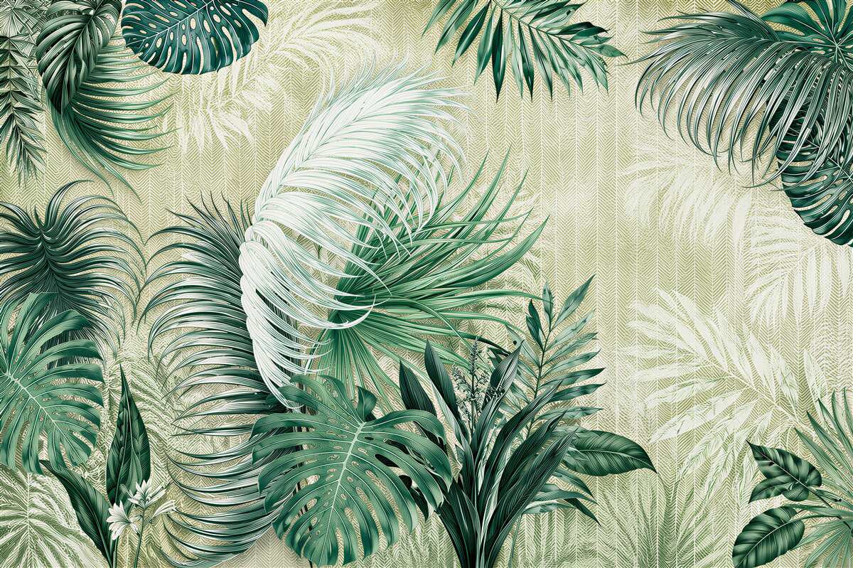 Papier peint feuilles tropicales vertes monstera et palmier sur fond clair