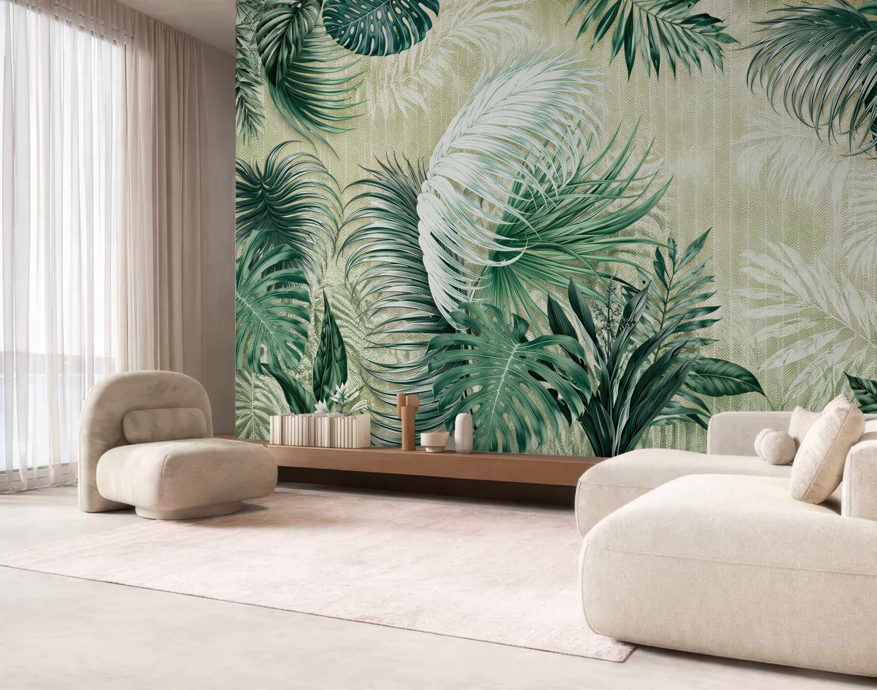 Papier peint feuilles tropicales vertes monstera et palmier sur fond clair