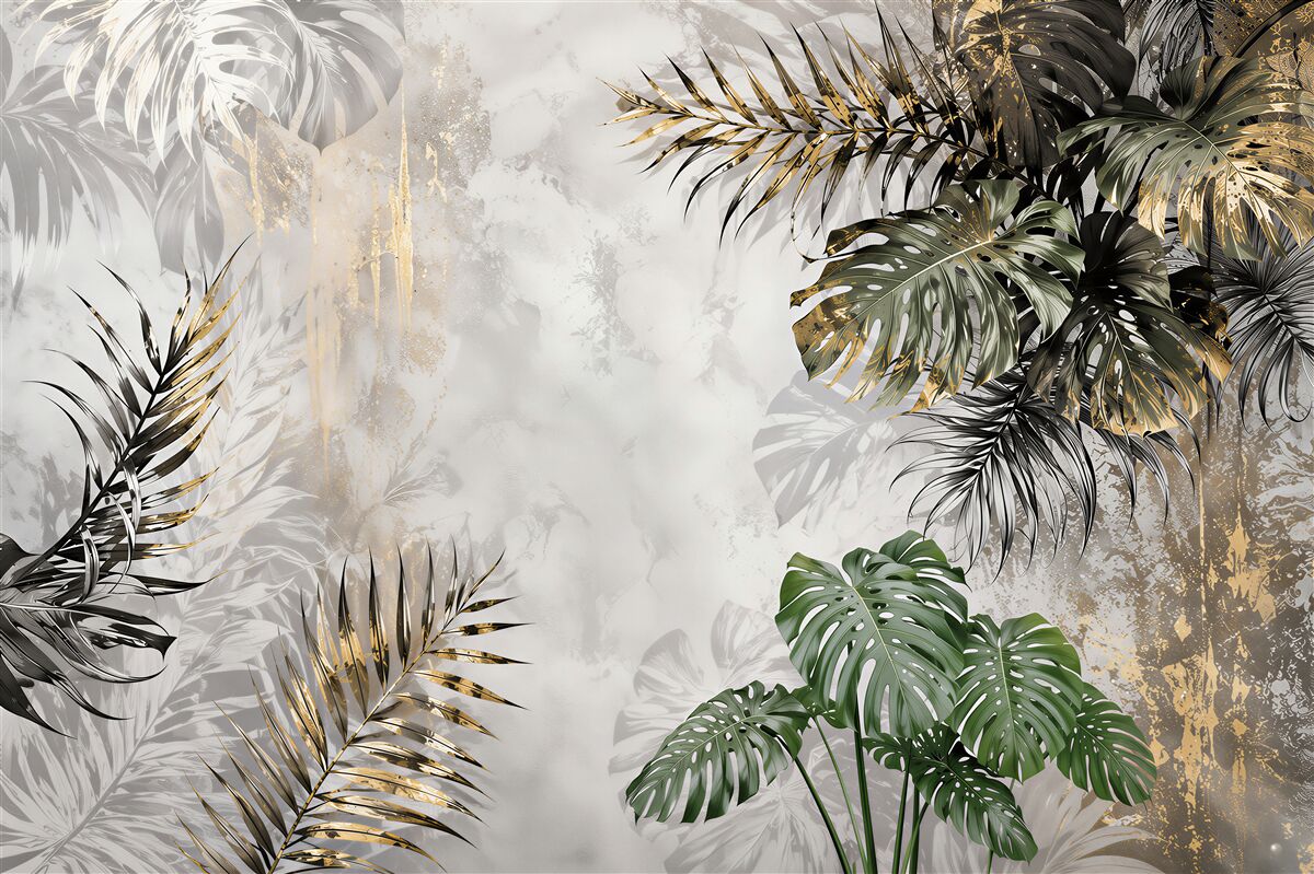 Papier peint feuilles de monstera et palmiers beige-vert élégants tropicaux