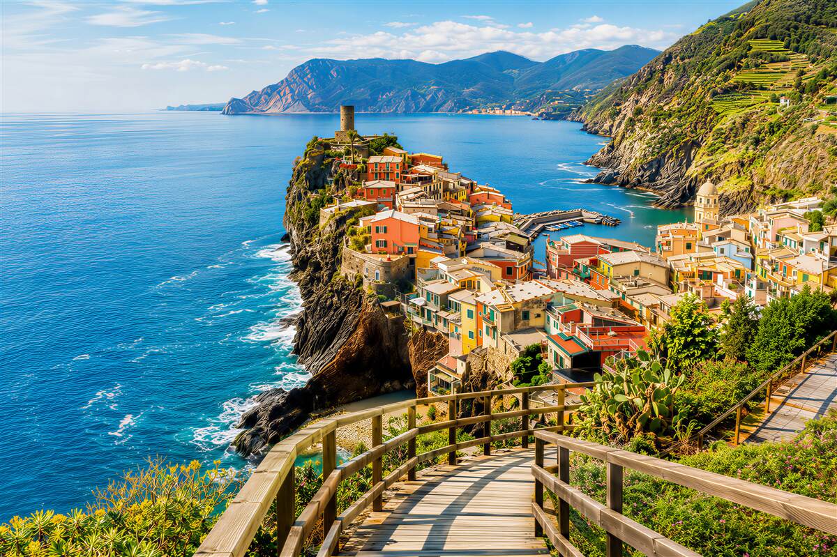 Papier peint village italien au bord de la mer avec un chemin et des fleurs au coucher du soleil