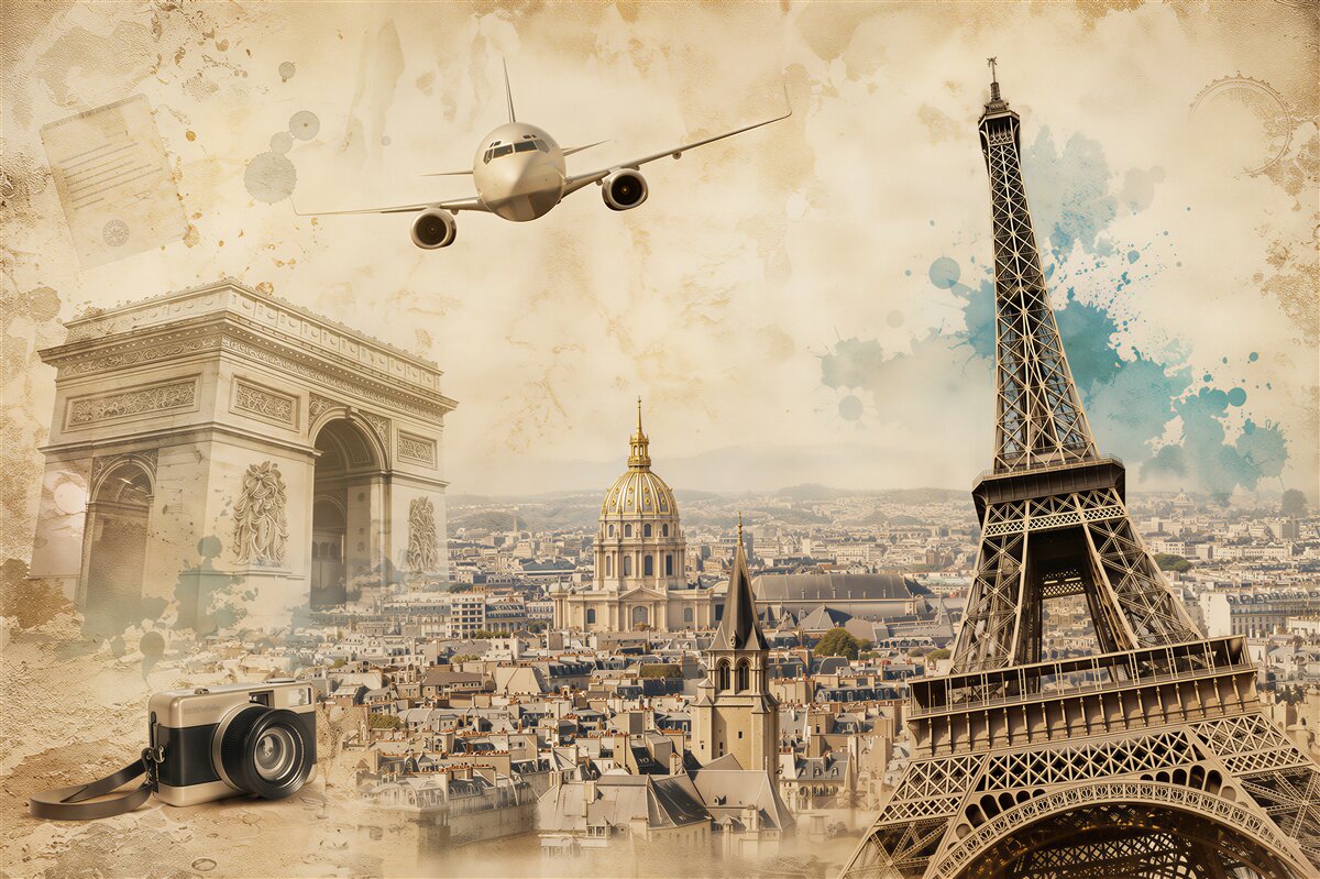 Papier peint Paris avec la Tour Eiffel et des ballons dans des nuages pastel