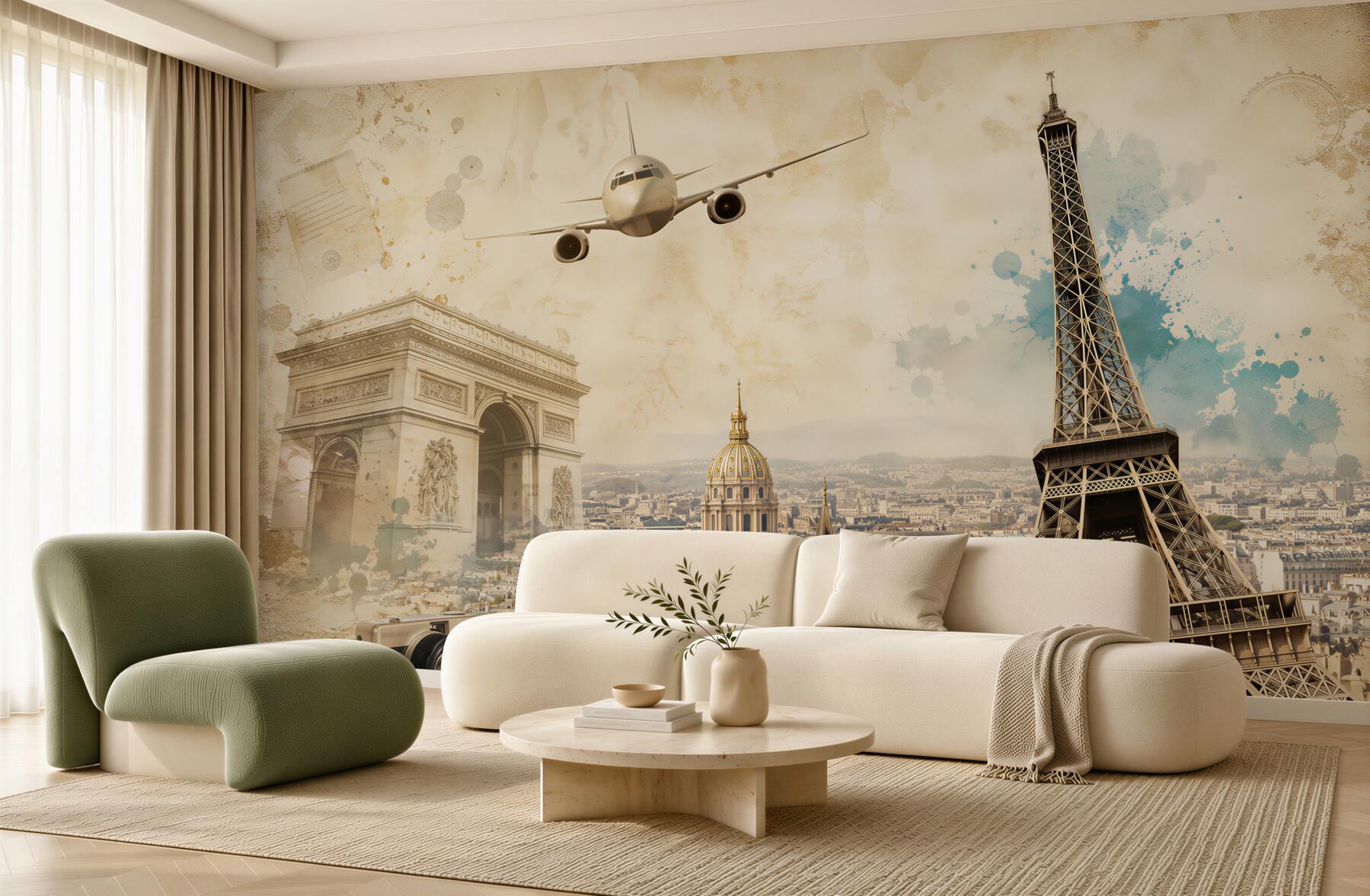 Papier peint Paris avec la Tour Eiffel et des ballons dans des nuages pastel