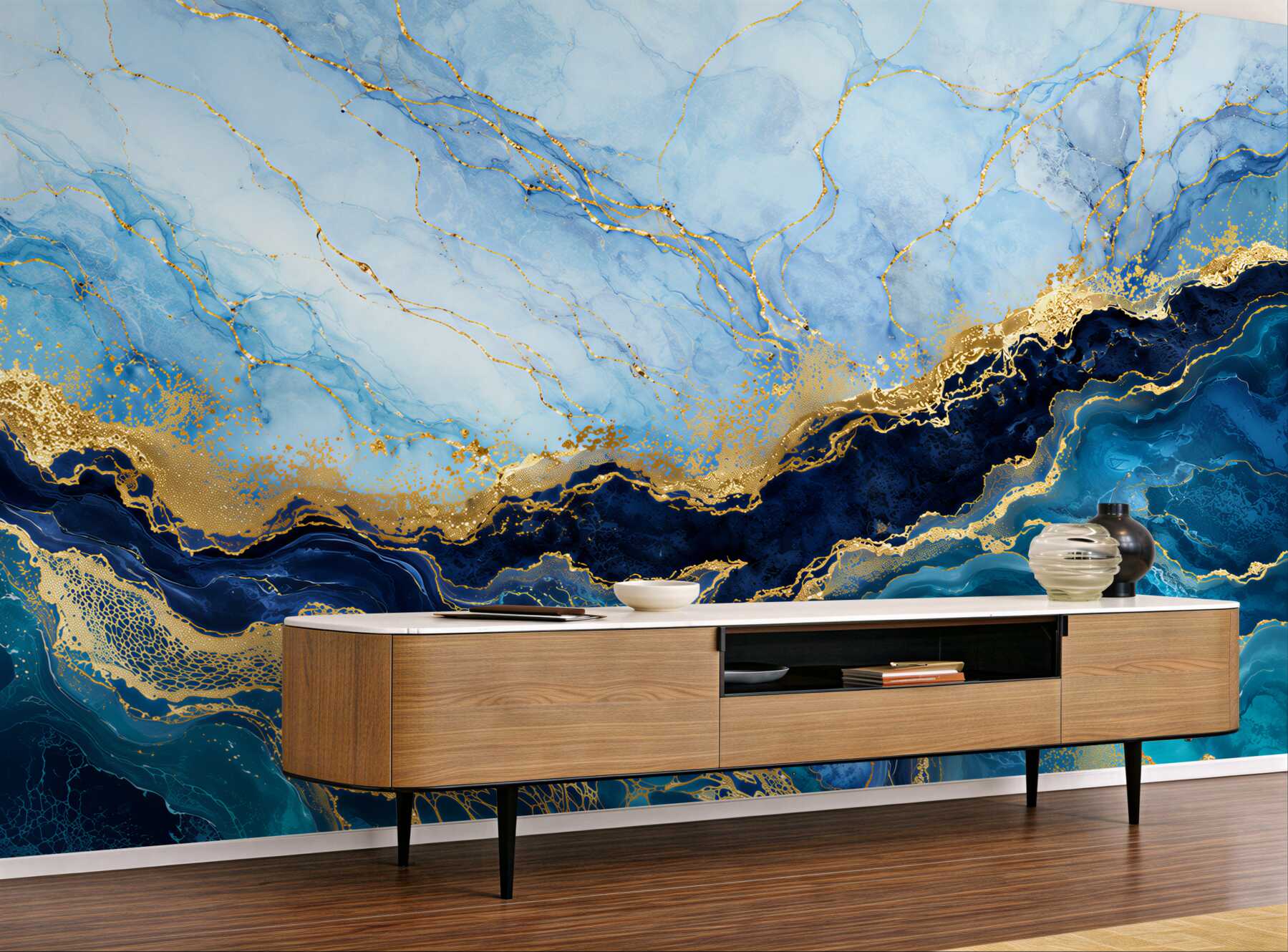 Papier peint marbre bleu et or luxueux