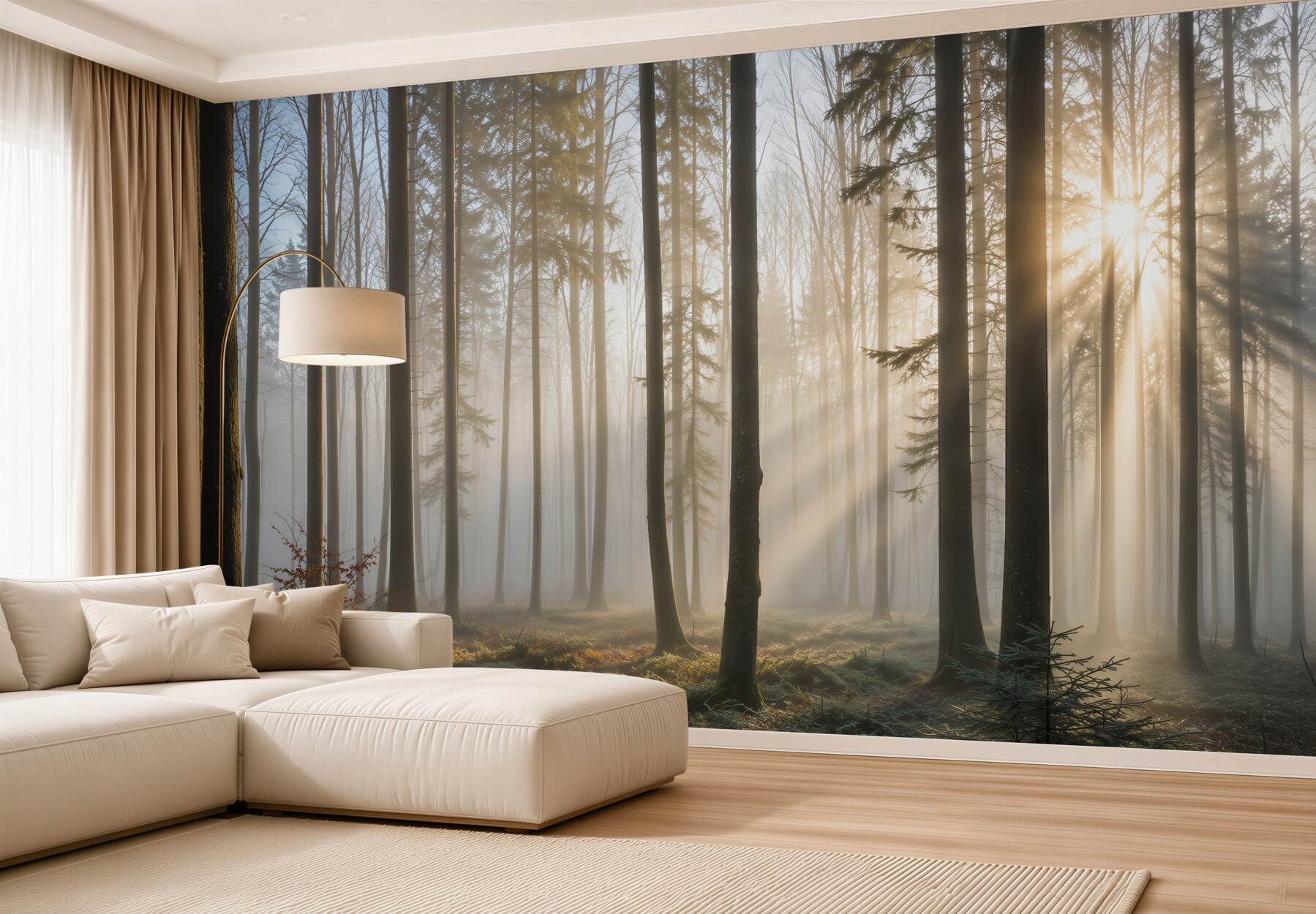 Papier peint les rayons du soleil traversent la brume dans la forêt