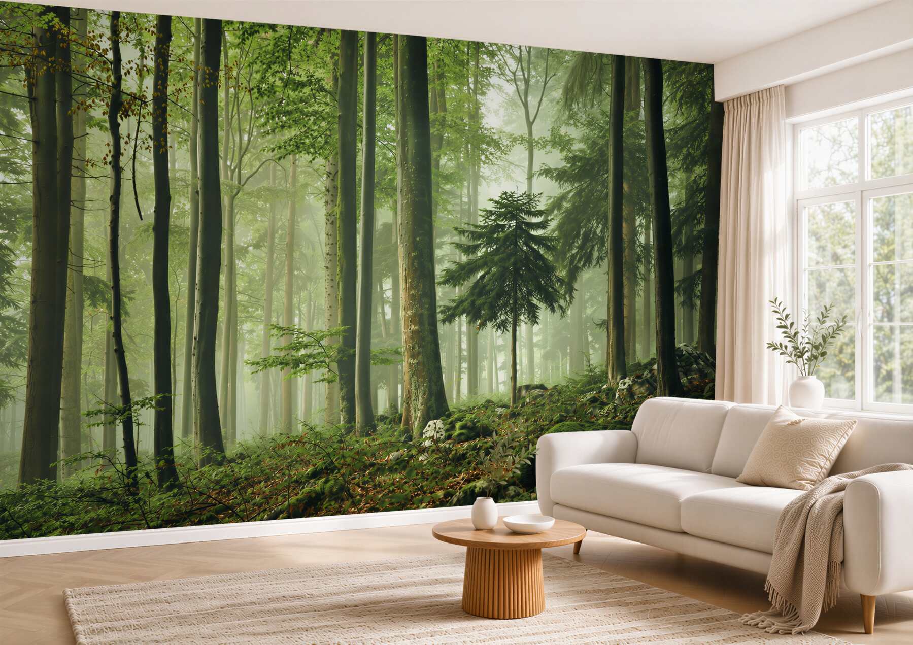 Papier peint lumière dans la brume de la forêt feuillue