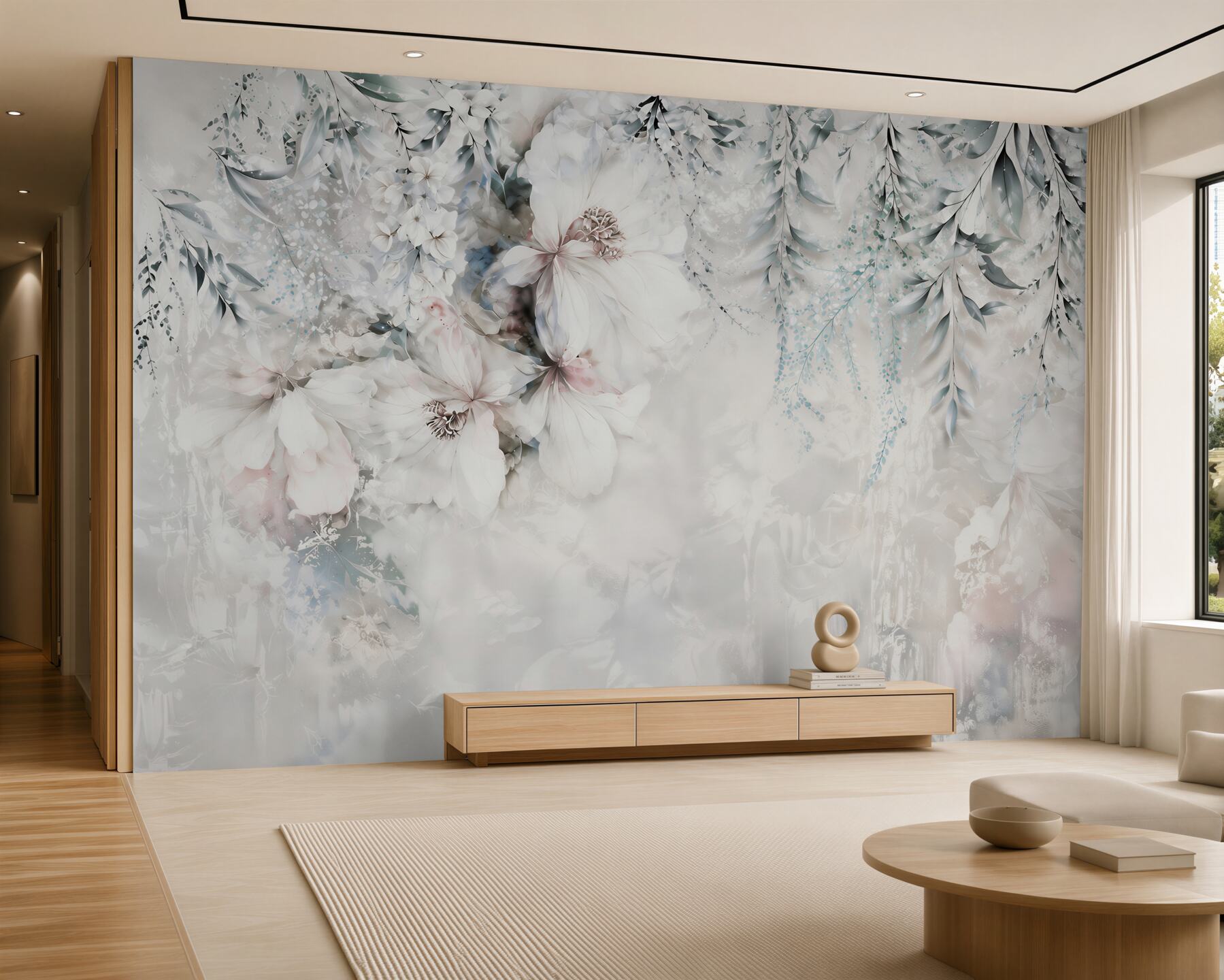 Papier peint fleurs d'iris grises sur fond gris