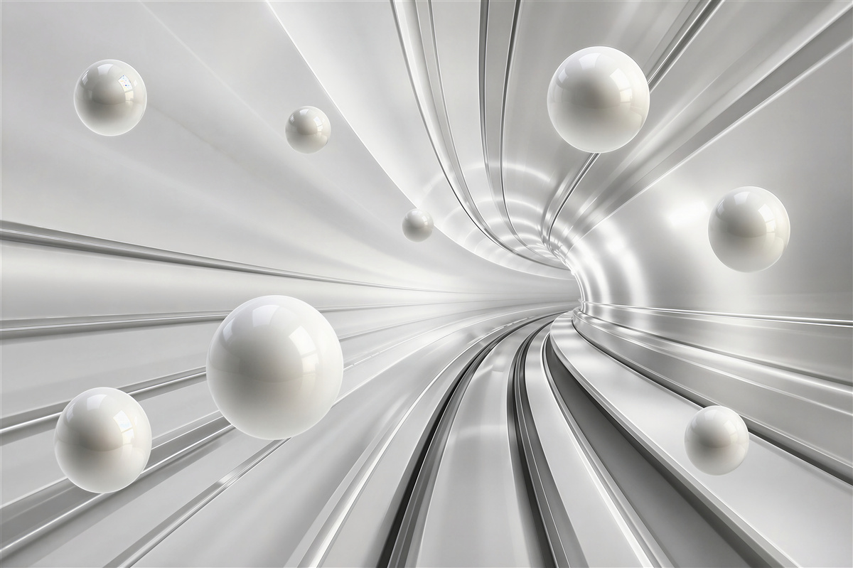 Papier peint tunnel avec boules blanches volantes