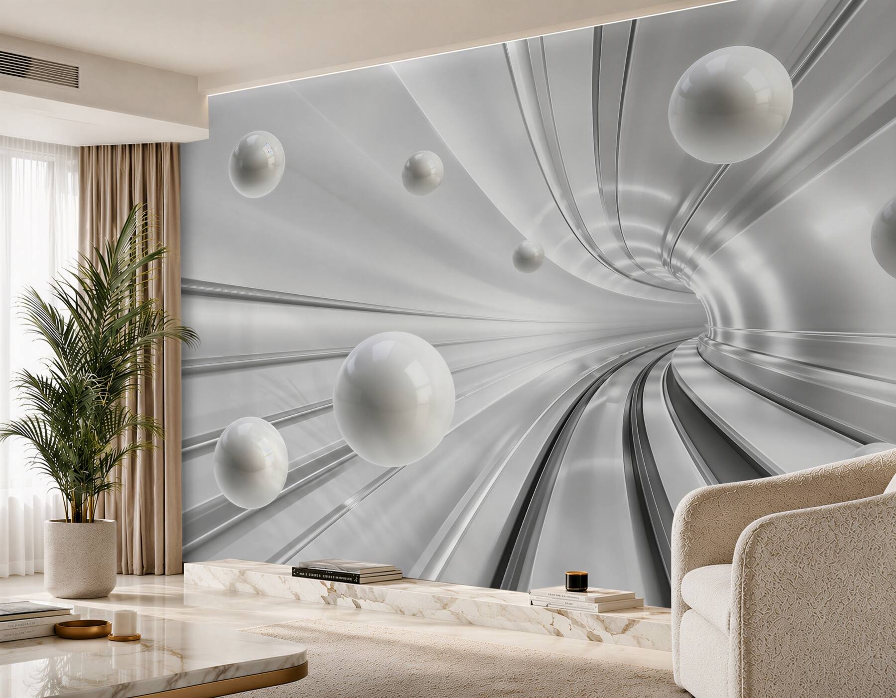 Papier peint tunnel avec boules blanches volantes