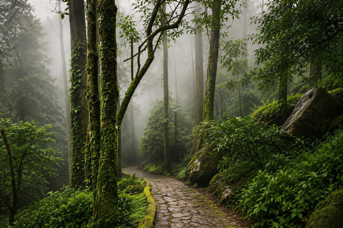 Papier peint chemin à travers la forêt verte brumeuse